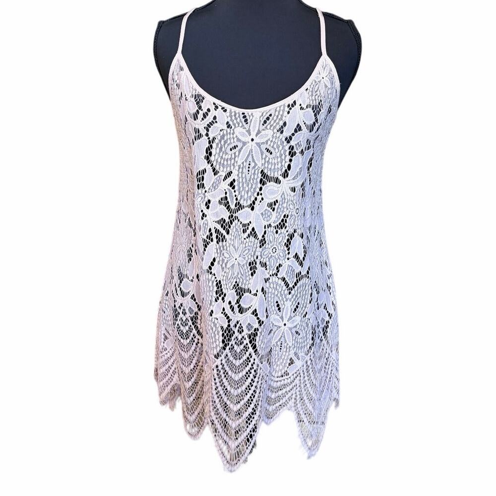 Vintage in bloom jonquil dusty baby pink lace slip lingerie tank mini dress S